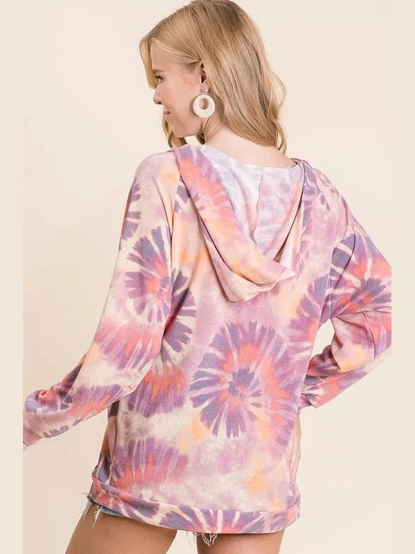 BiBi Circular Tie Dye Print Terry Hoodie with Kangaroo nicholesgifts