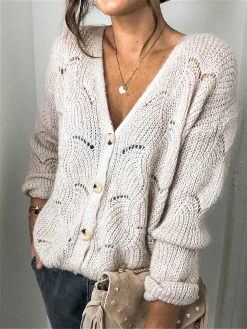 Openwork Button Up Long Sleeve Cardigan nicholesgifts