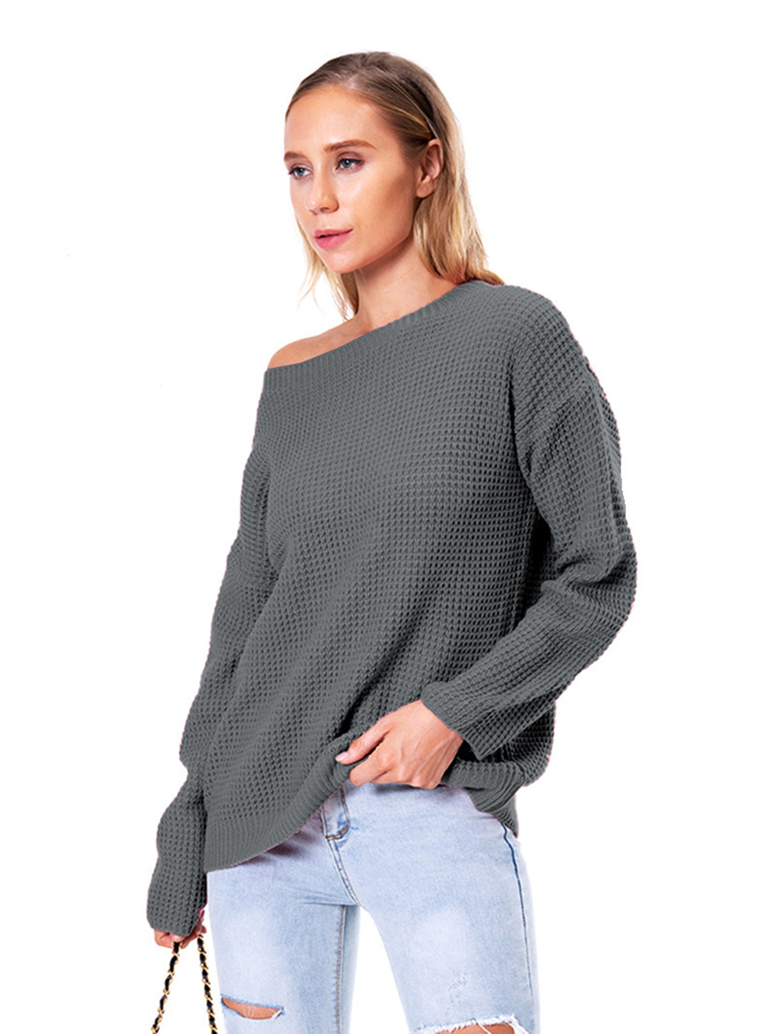 Boat Neck Drop Shoulder Long Sleeve Sweater nicholesgifts