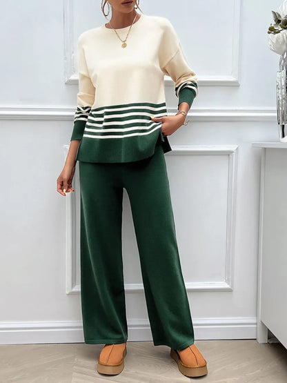 Devine Slit Striped Round Neck Top and Pants Sweater Set nicholesgifts