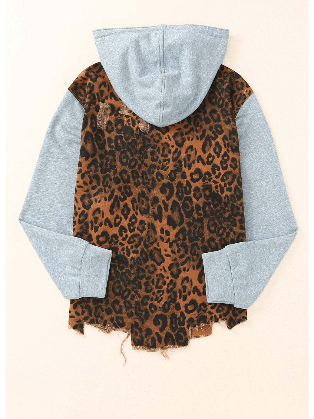 NicholesGifts Women Leopard Distressed Drawstring Hooded Denim Jacket NicholesGifts