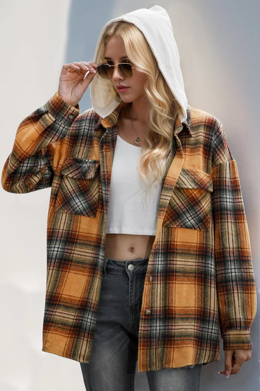 Double Take Drawstring Plaid Long Sleeve Hooded Shacket Trendsi