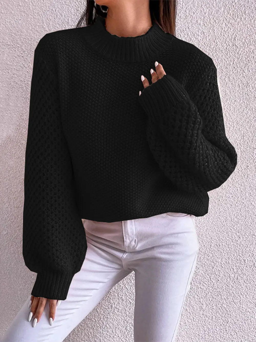 Openwork Mock Neck Long Sleeve Sweater Trendsi