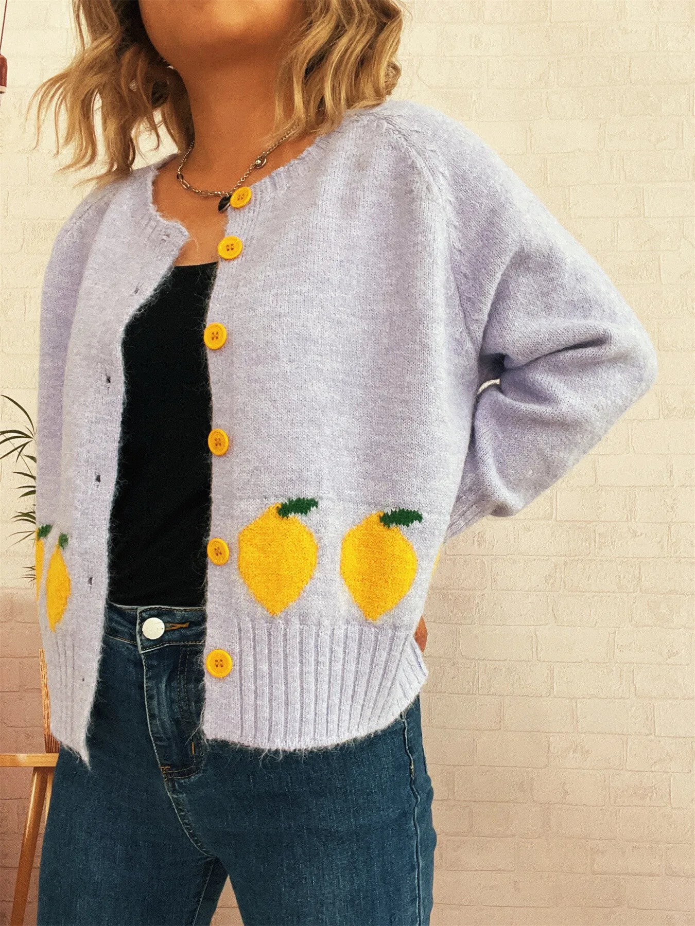 Lemon Pattern Button-Up Cardigan