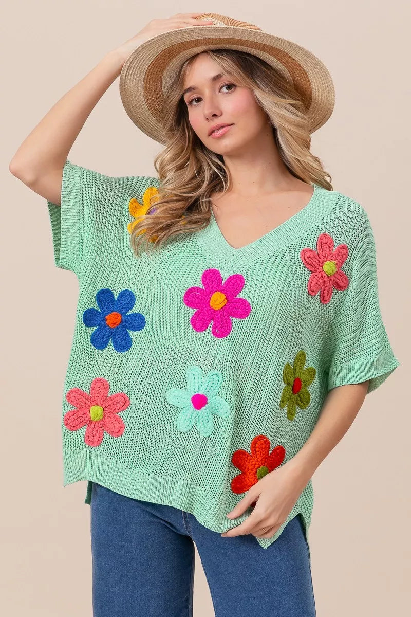 BiBi Flower Patches Dolman Sleeve Lightweight Sweater