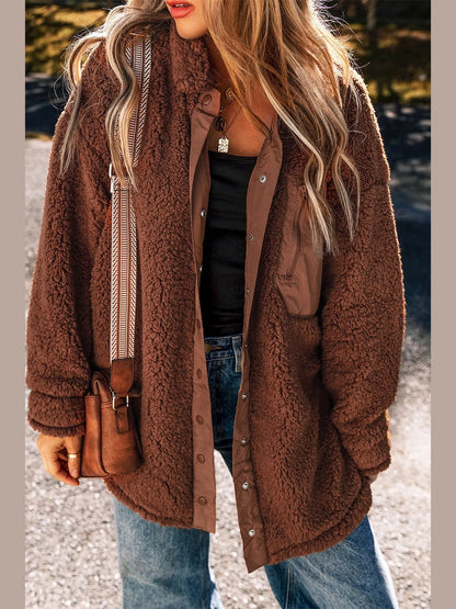 Fuzzy Snap Down Dropped Shoulder Jacket nicholesgifts