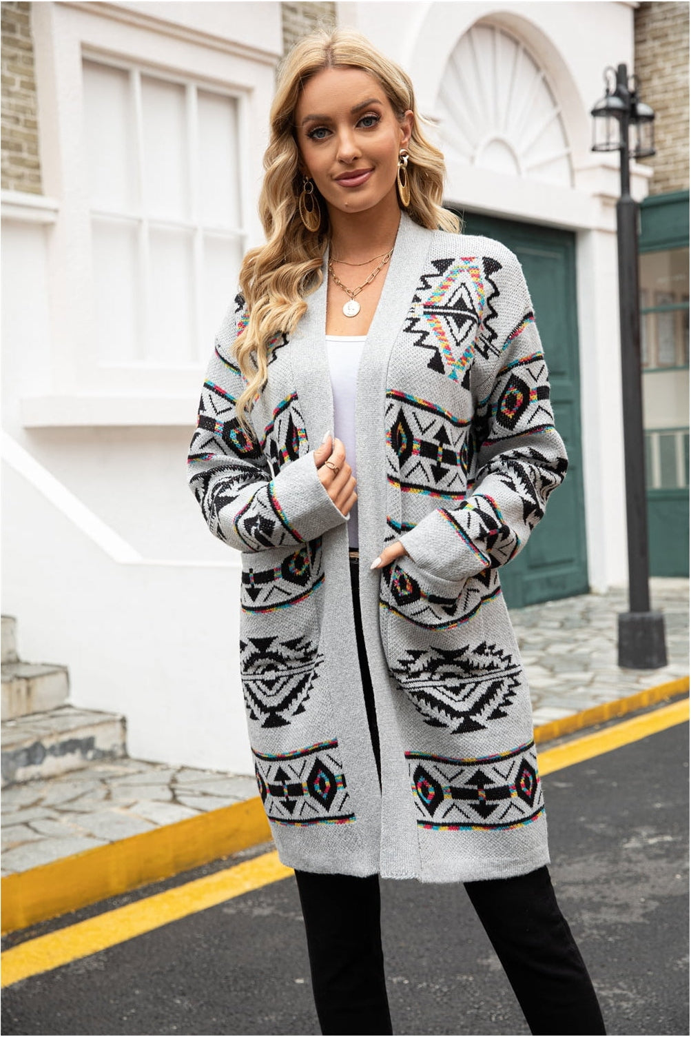 Printed Long Sleeve Cardigan with Pocket nicholesgifts