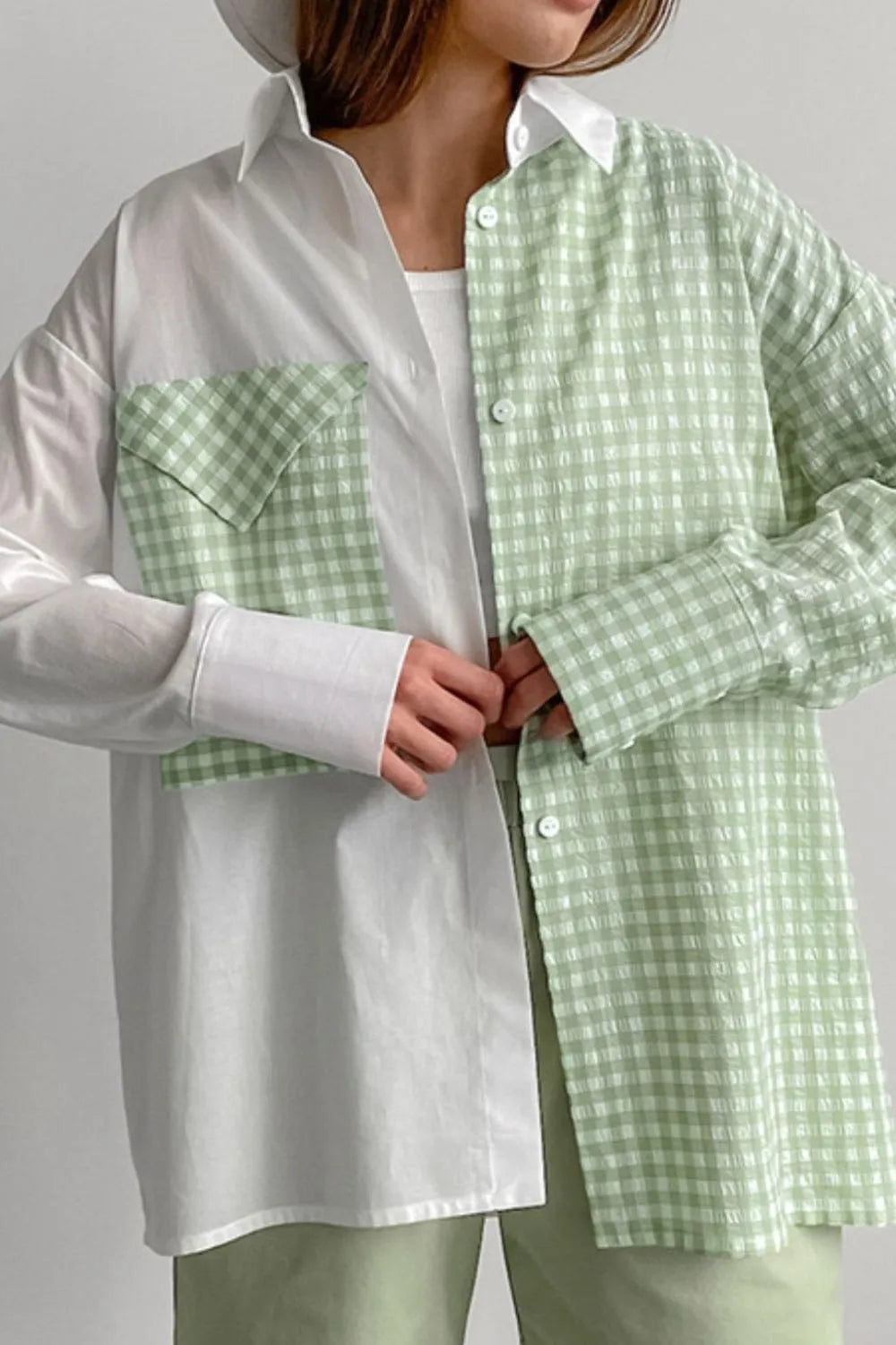 Two-Tone Plaid Button Down Long Sleeve Shirt Trendsi