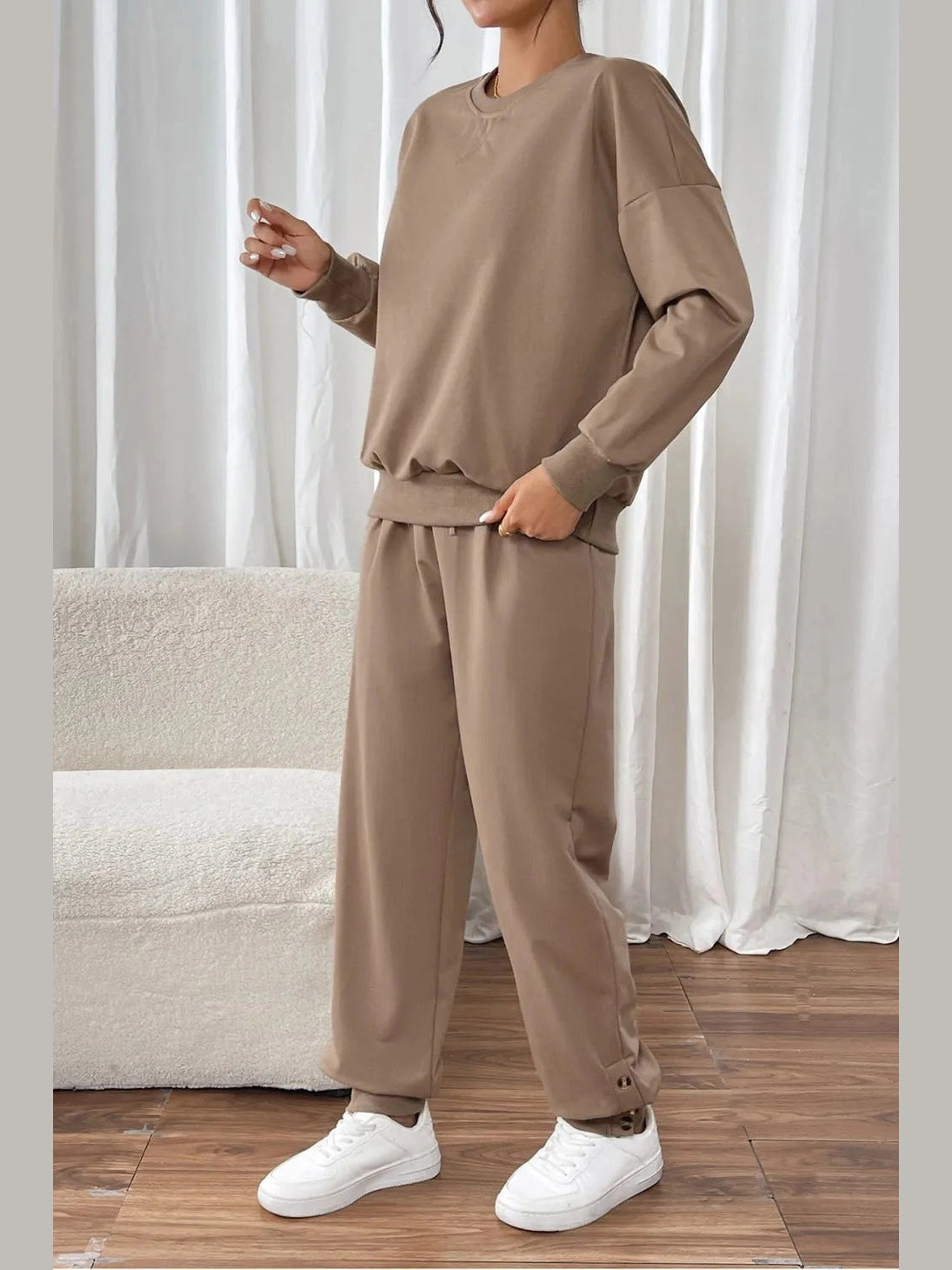 Perfee Round Neck Long Sleeve Top and Pants Set nicholesgifts
