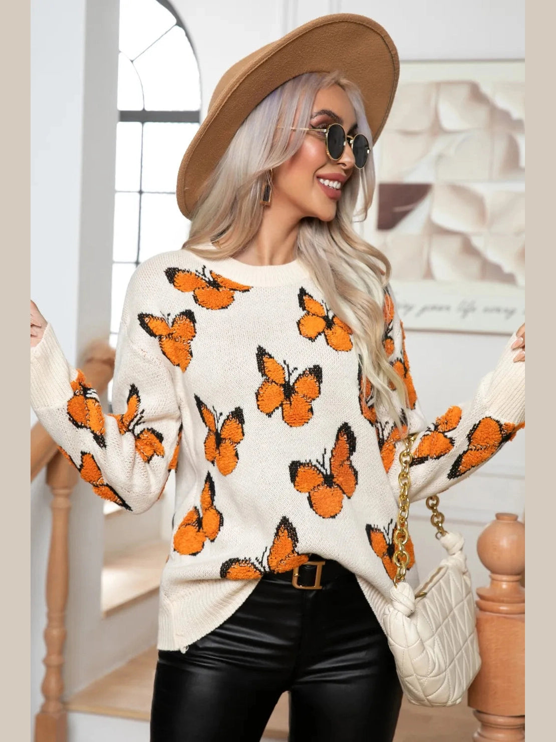Butterfly Round Neck Long Sleeve Sweater Trendsi