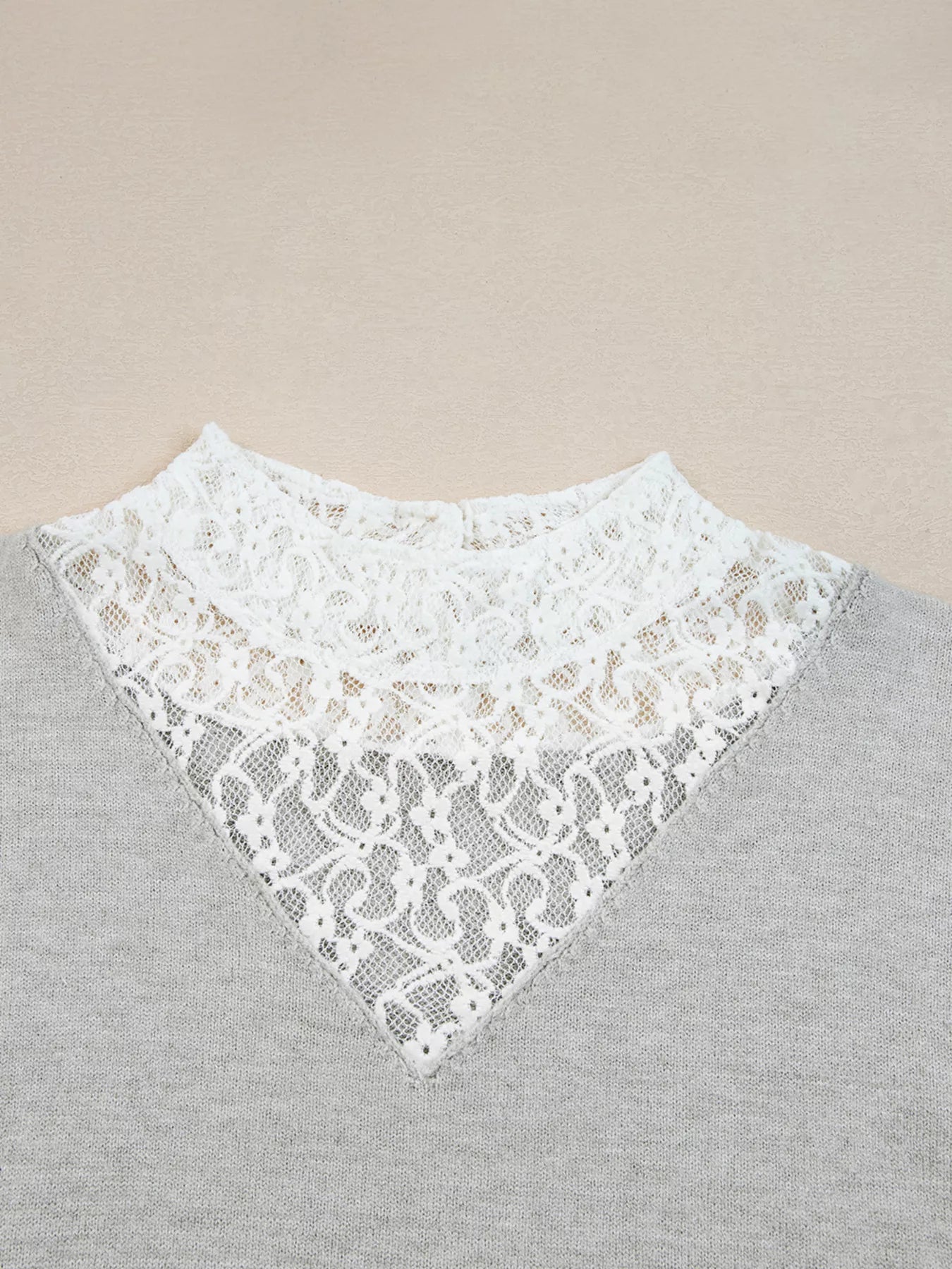 Button Keyhole Lace Patchwork Drop Shoulder Sweater