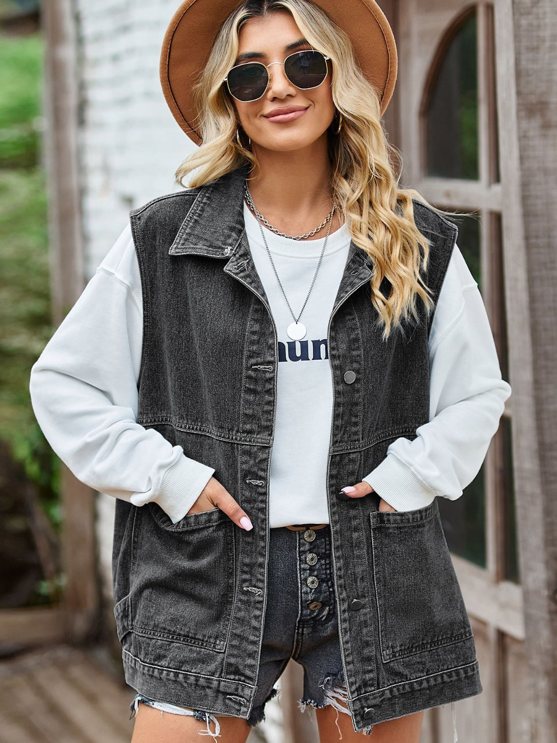 Button Front Sleeveless Denim Jacket nicholesgifts