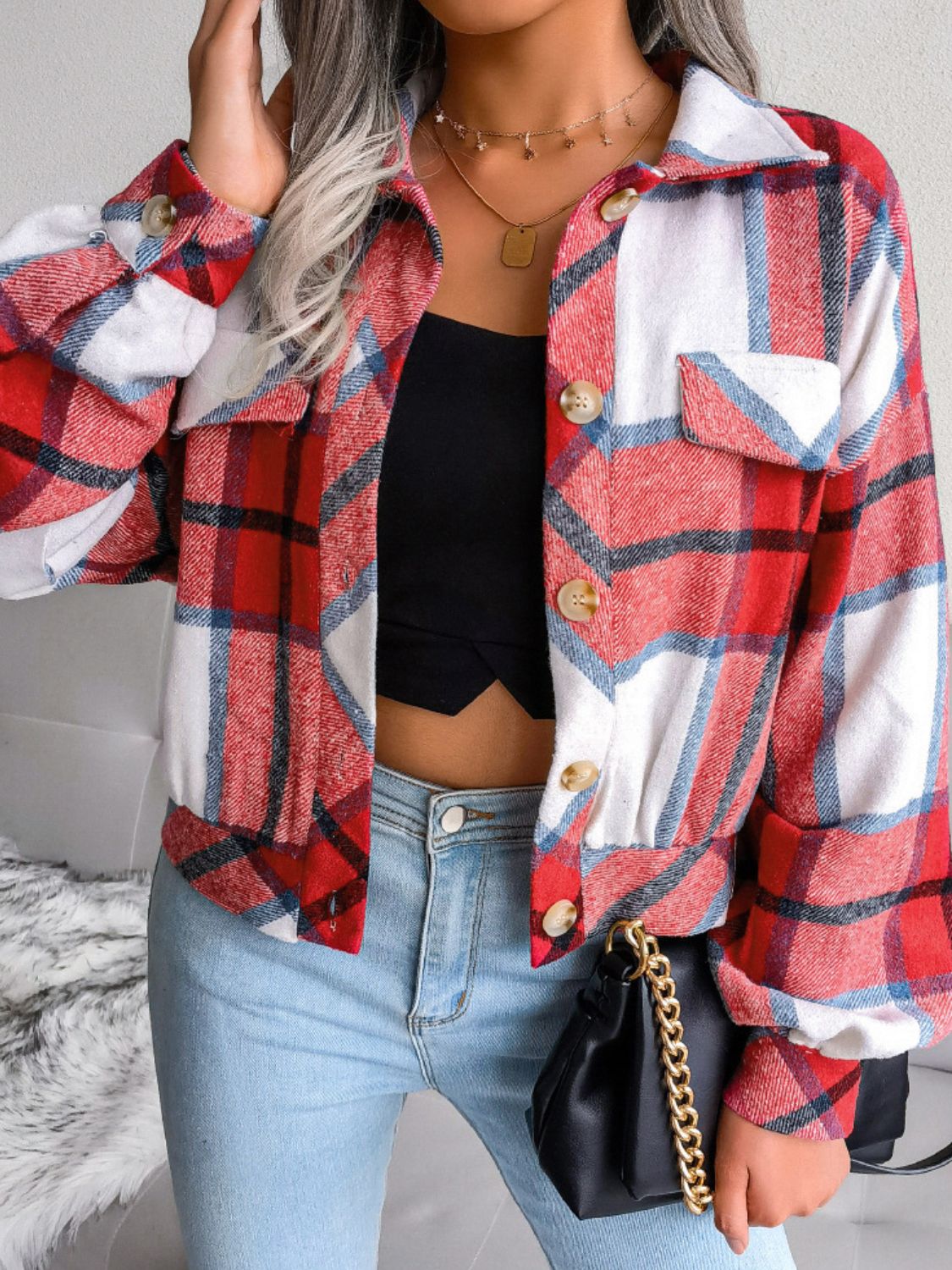 Plaid Collared Neck Drop Shoulder Jacket nicholesgifts