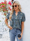 Women Ruched Printed Notched Short Sleeve Blouse nicholesgifts