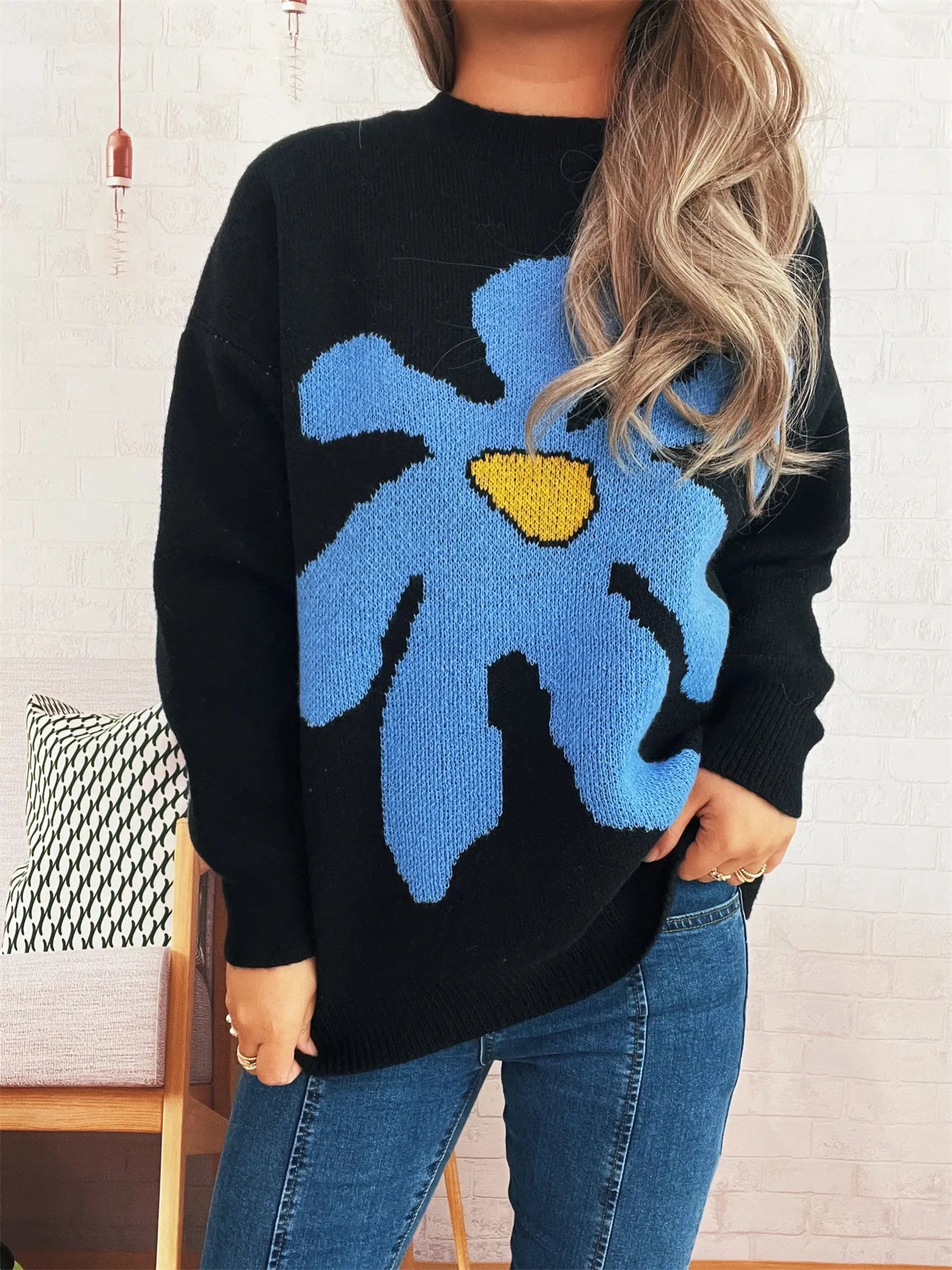 Flower Dropped Shoulder Sweater