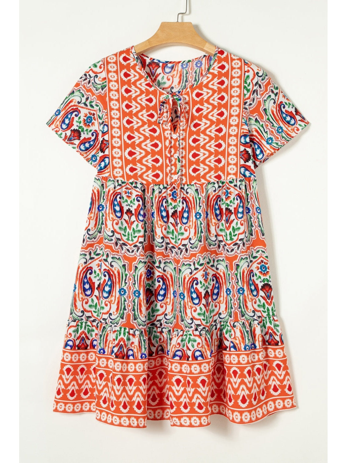 Printed Tie Neck Short Sleeve Dress nicholesgifts