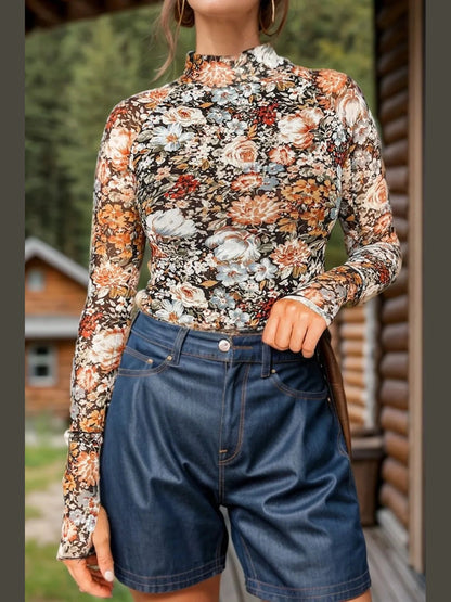 Floral Mock Neck Long Sleeve Top nicholesgifts