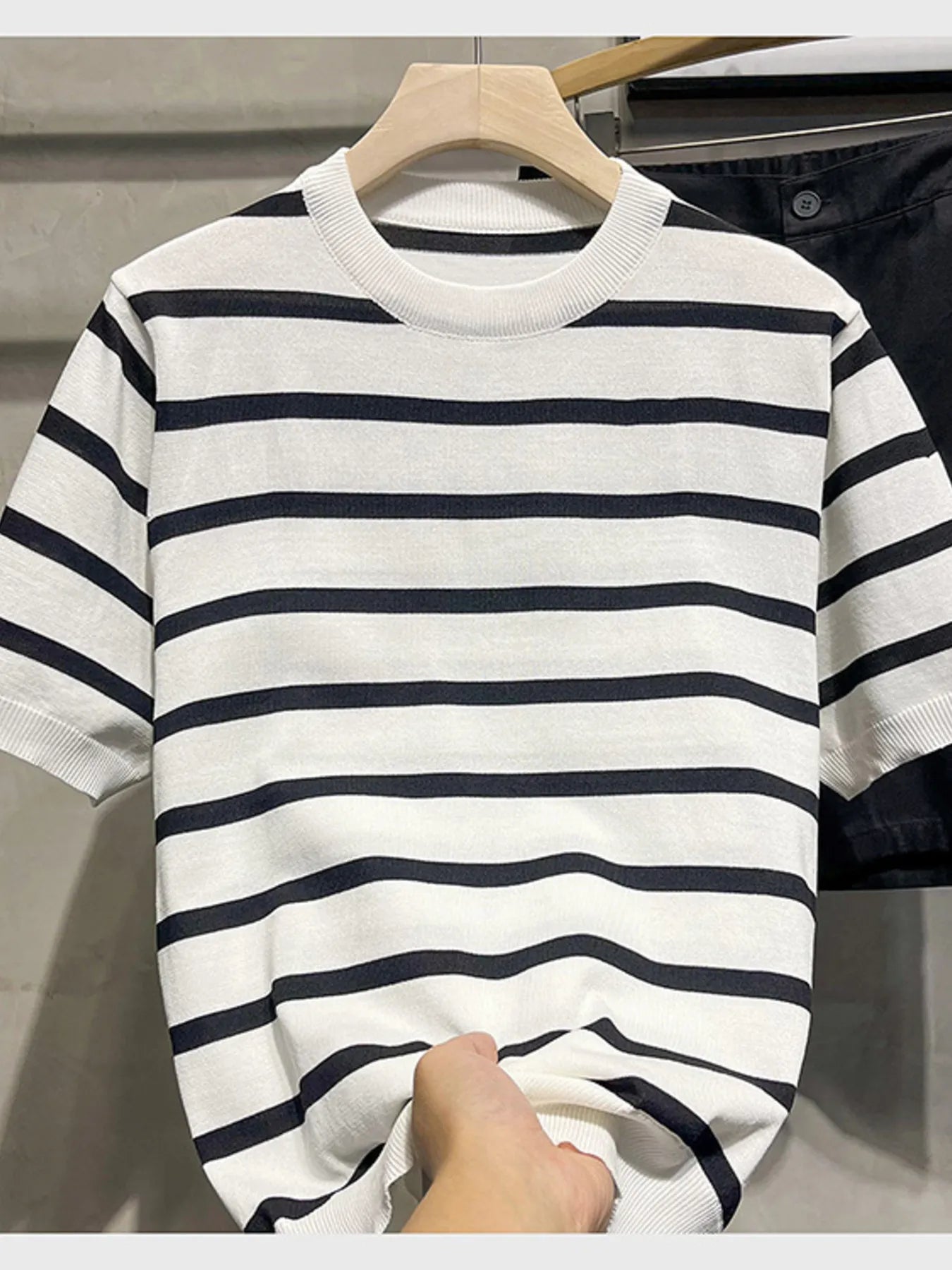 Men's Full Size Classic Striped Knit Short Sleeve T-Shirt Plus Size Trendsi
