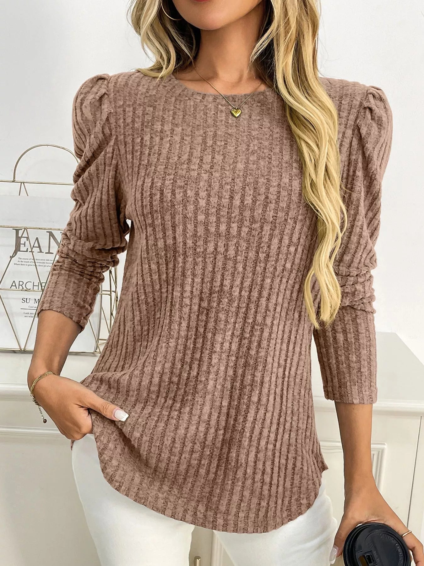 Round Neck Puff Sleeve T-Shirt Trendsi