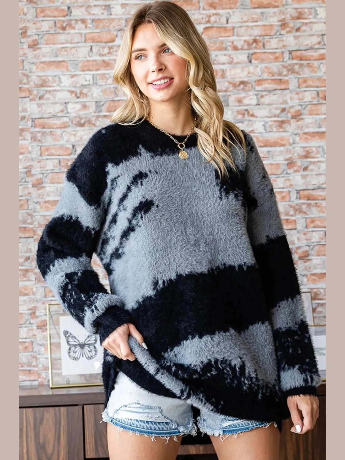 First Love Full Size Abstract Pattern Contrast Feather Yarn Sweater Trendsi