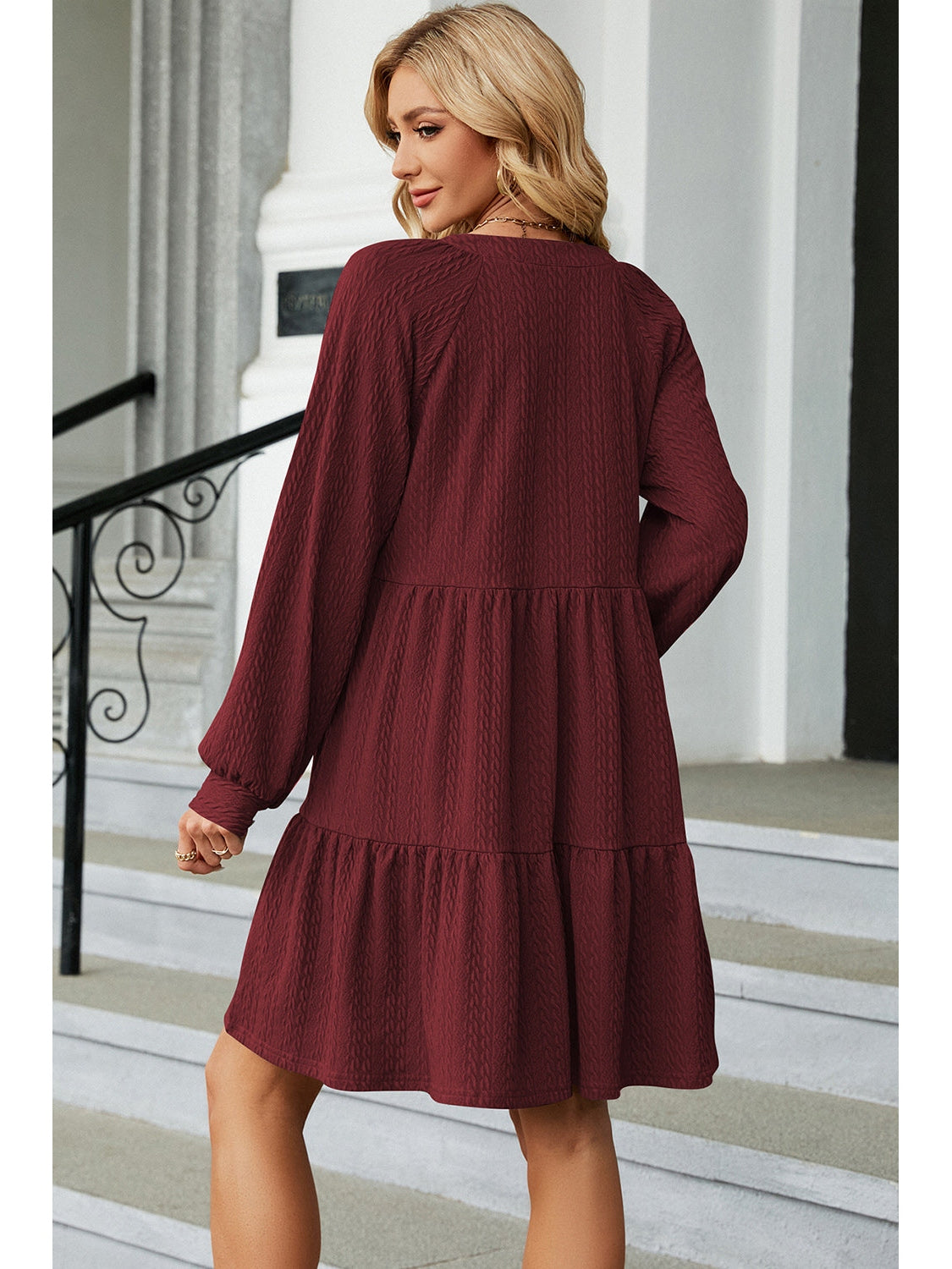 Ruched Notched Long Sleeve Mini Dress nicholesgifts