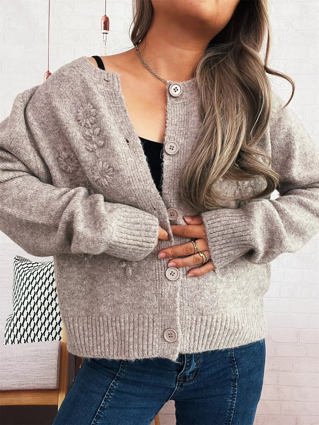 Flower Button Up Ribbed Hem Cardigan