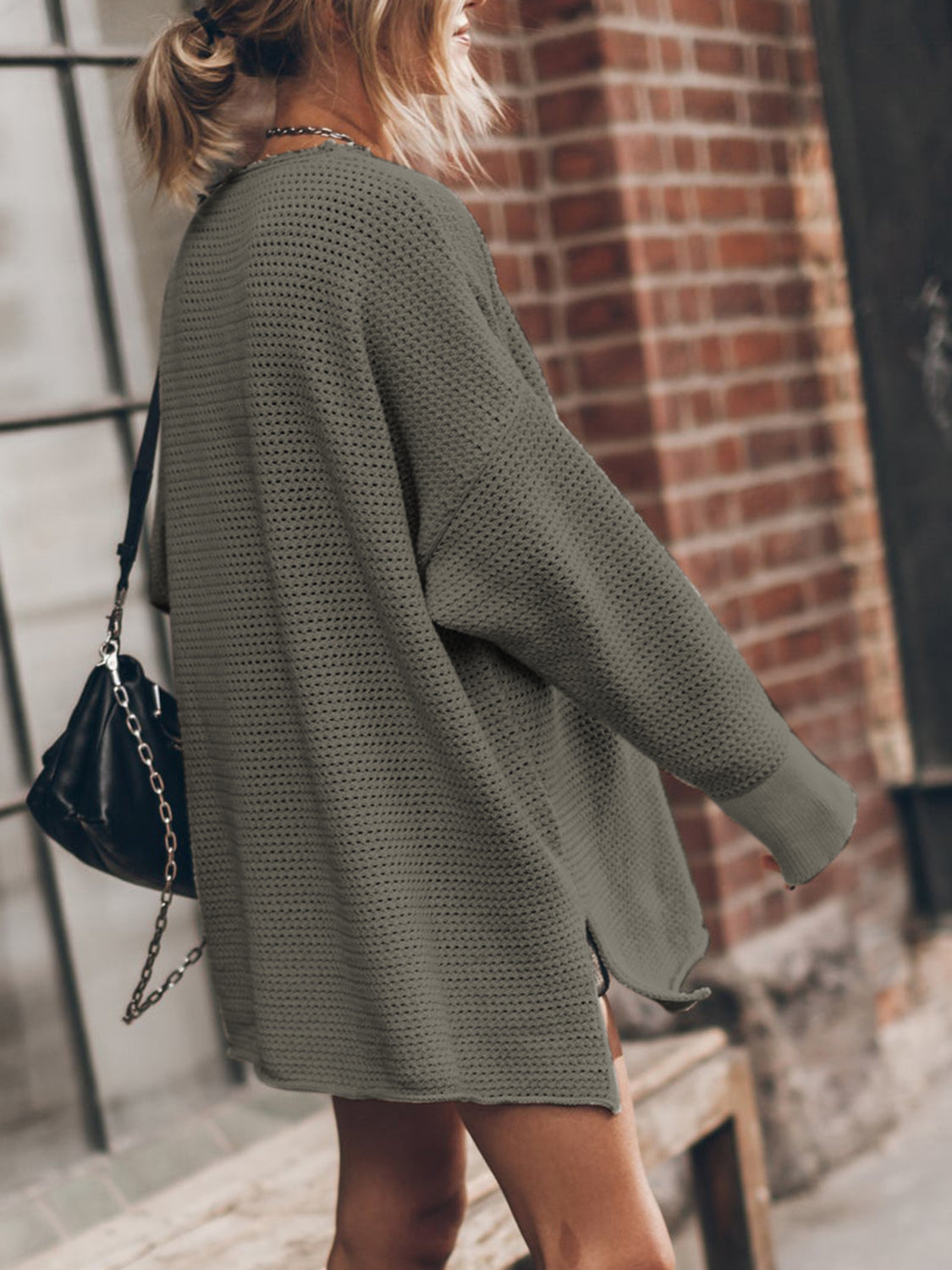 Openwork Round Neck Long Sleeve Slit Sweater nicholesgifts