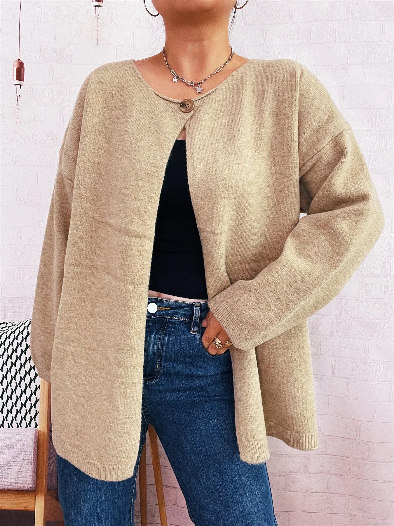 One Button Front Drop Shoulder Cardigan Trendsi