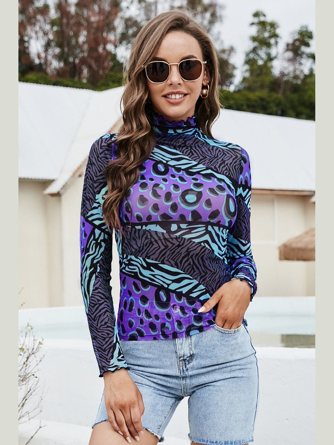 Printed Mock Neck Long Sleeve Blouse NicholesGifts