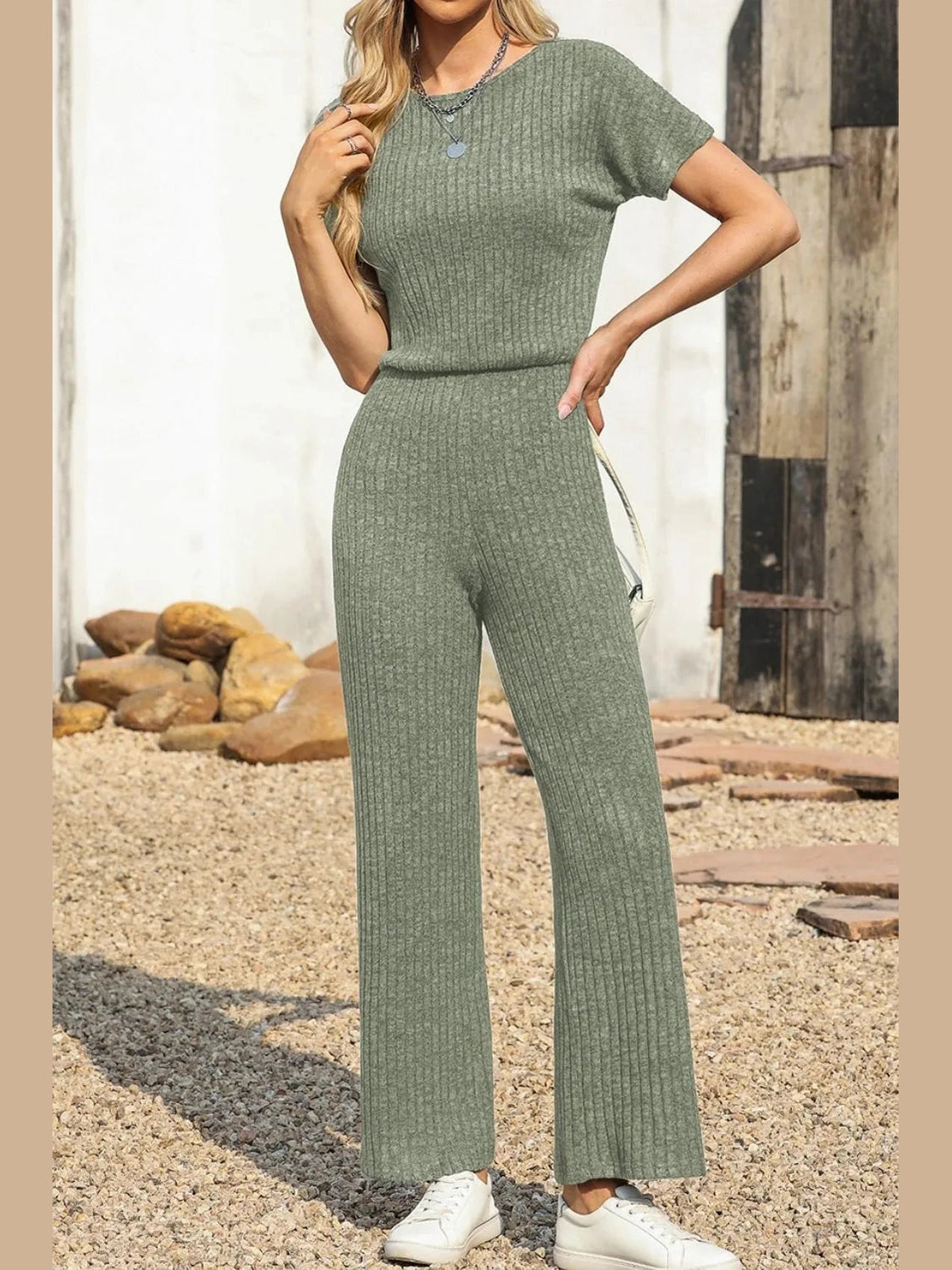 Ribbed Short Sleeve Wide Leg Jumpsuit nicholesgifts