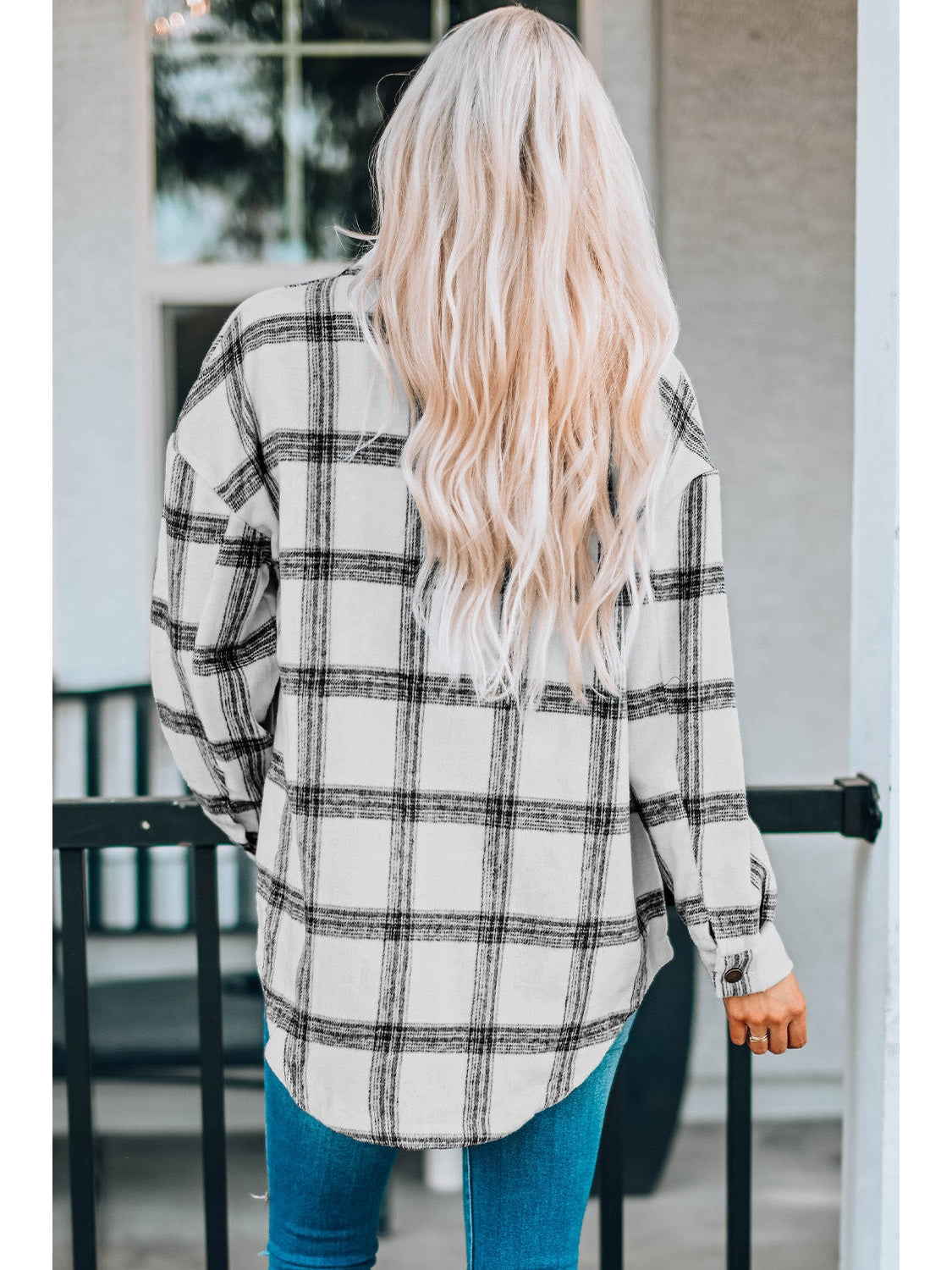 Plaid Curved Hem Dropped Shoulder Longline Shirt Jacket nicholesgifts