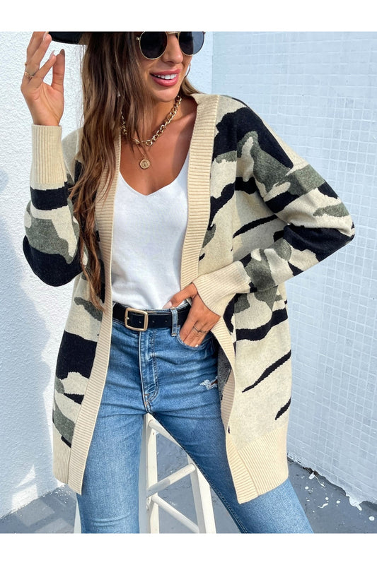 Women Camouflaged Dropped Shoulder Open Front Cardigan NicholeGifts