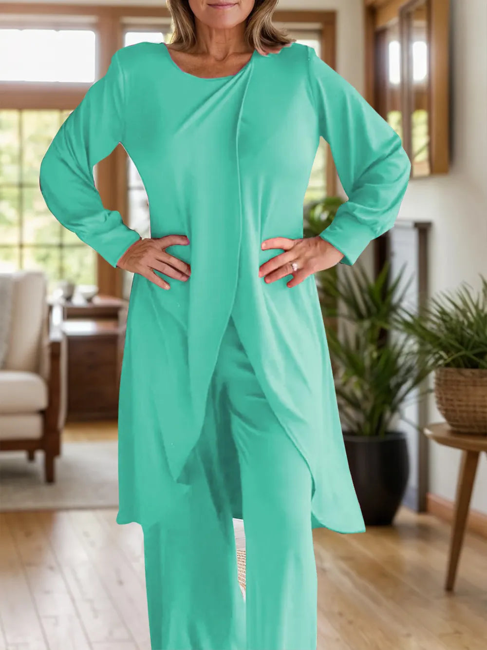 Full Size Slit Round Neck Long Sleeve Top and Pants Set Trendsi