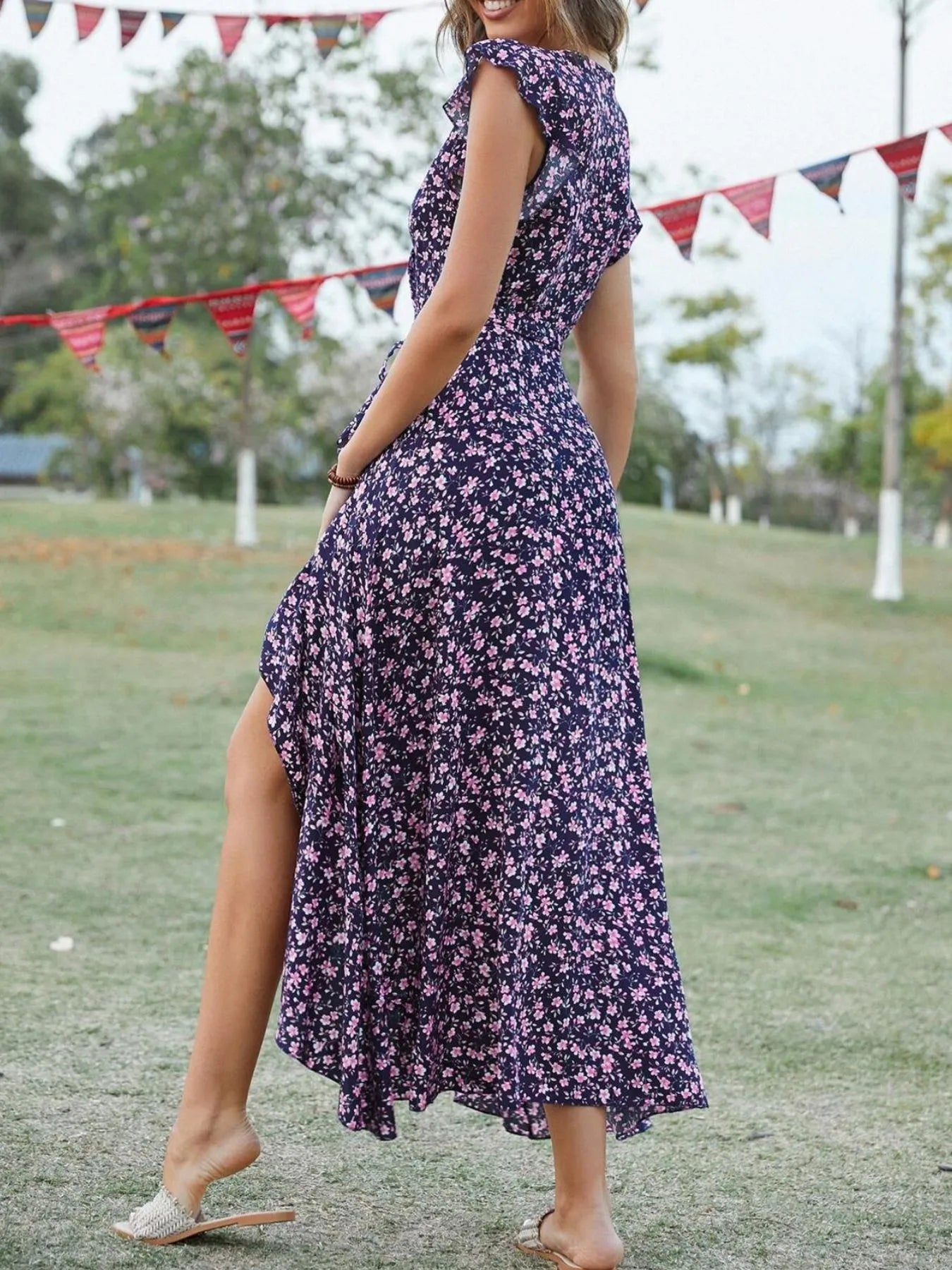 Printed Surplice Ruffle Sleeve Dress NicholesGifts