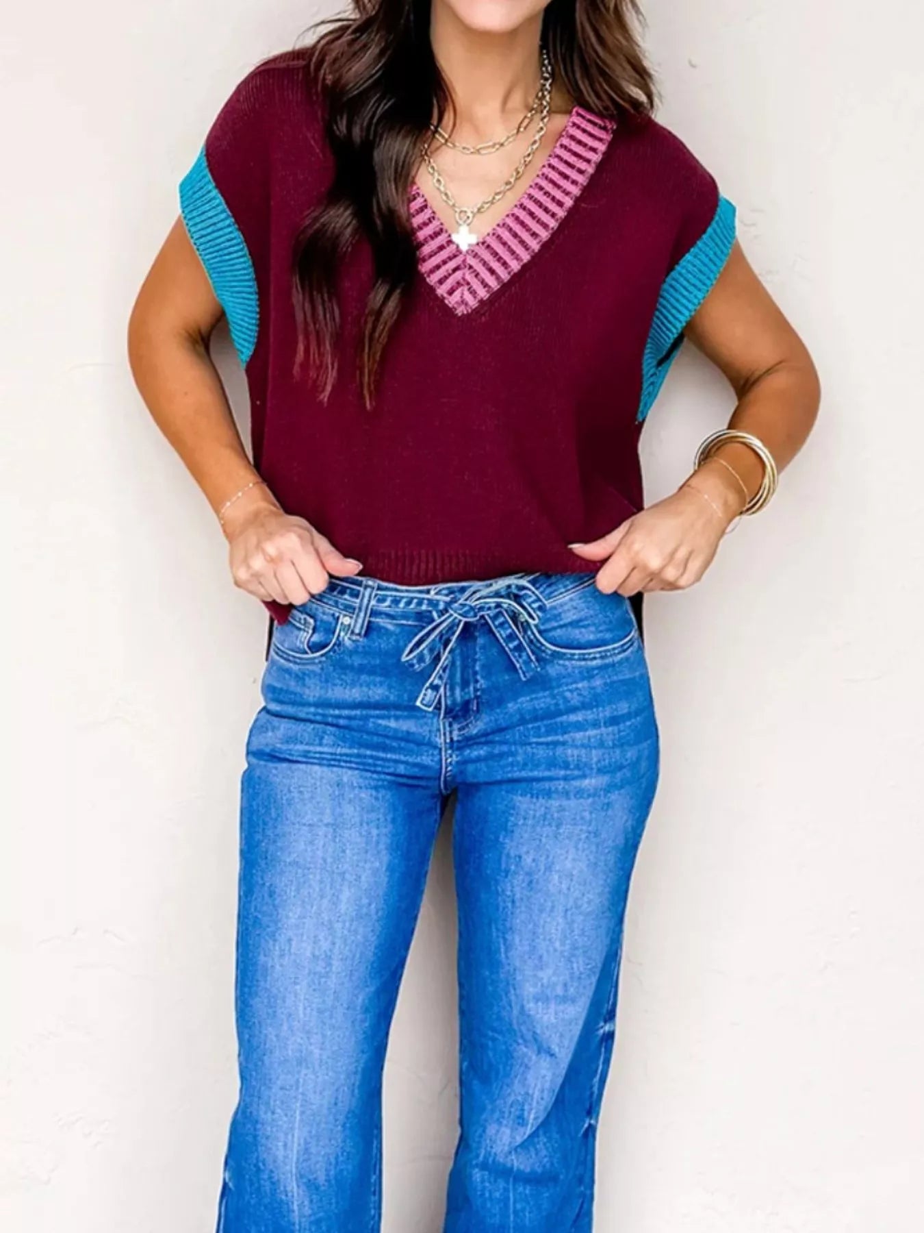 Contrast Trim V-Neck Sweater Vest nicholesgifts