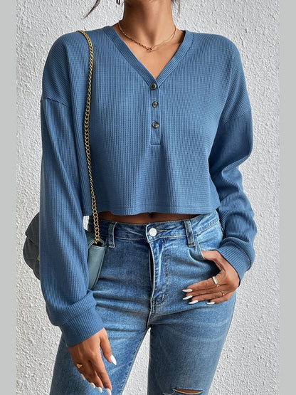 Ivy Lane Cropped V-Neck Raglan Sleeve Buttoned Blouse nicholesgifts