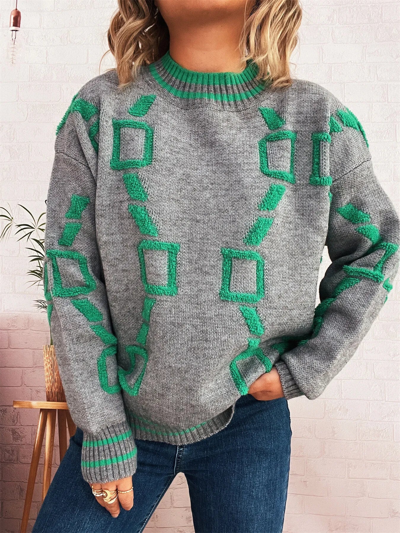 Contrast Round Neck Long Sleeve Sweater