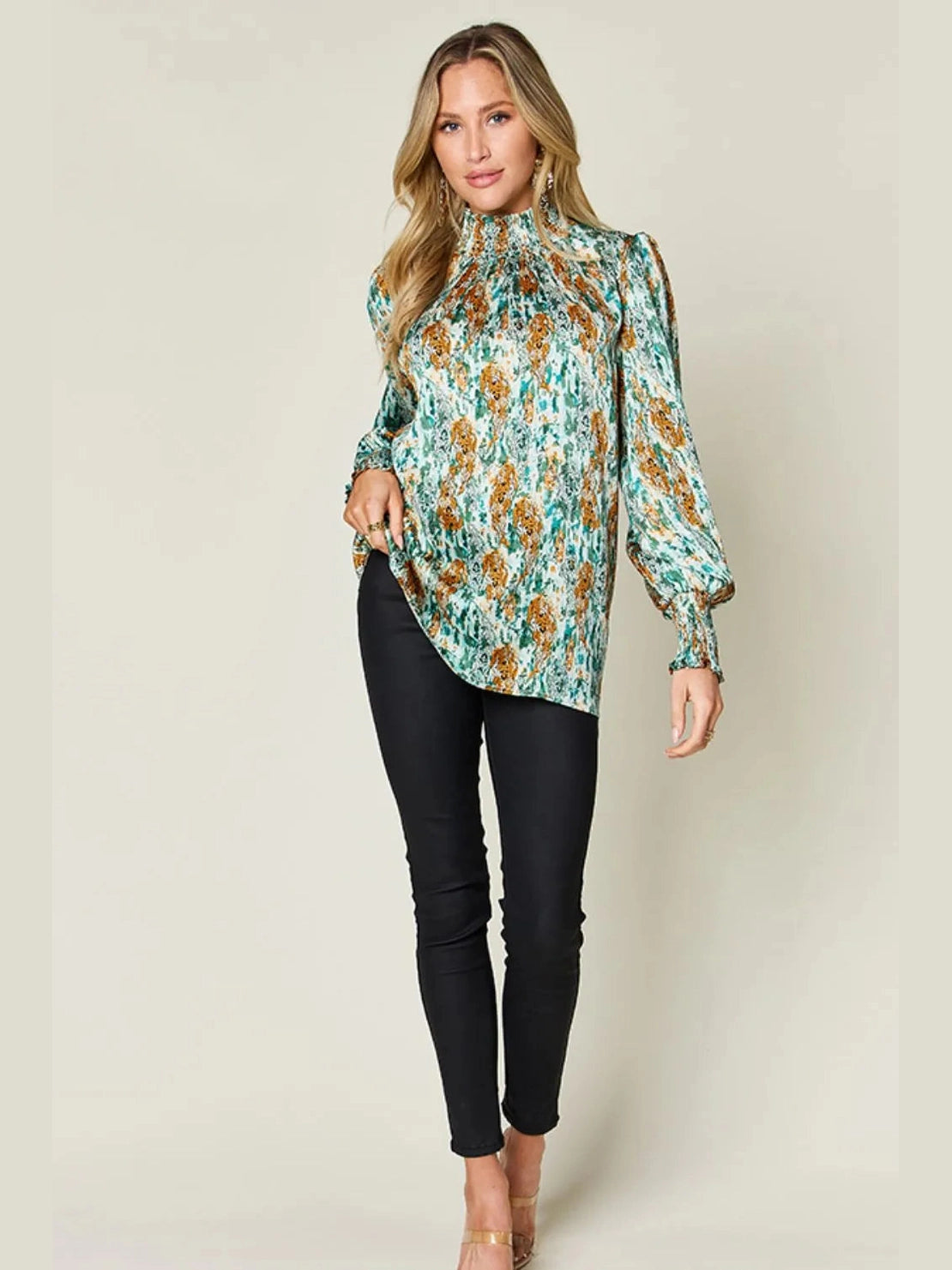 Double Take Full Size Printed Smocked Long Sleeve Blouse nicholesgifts