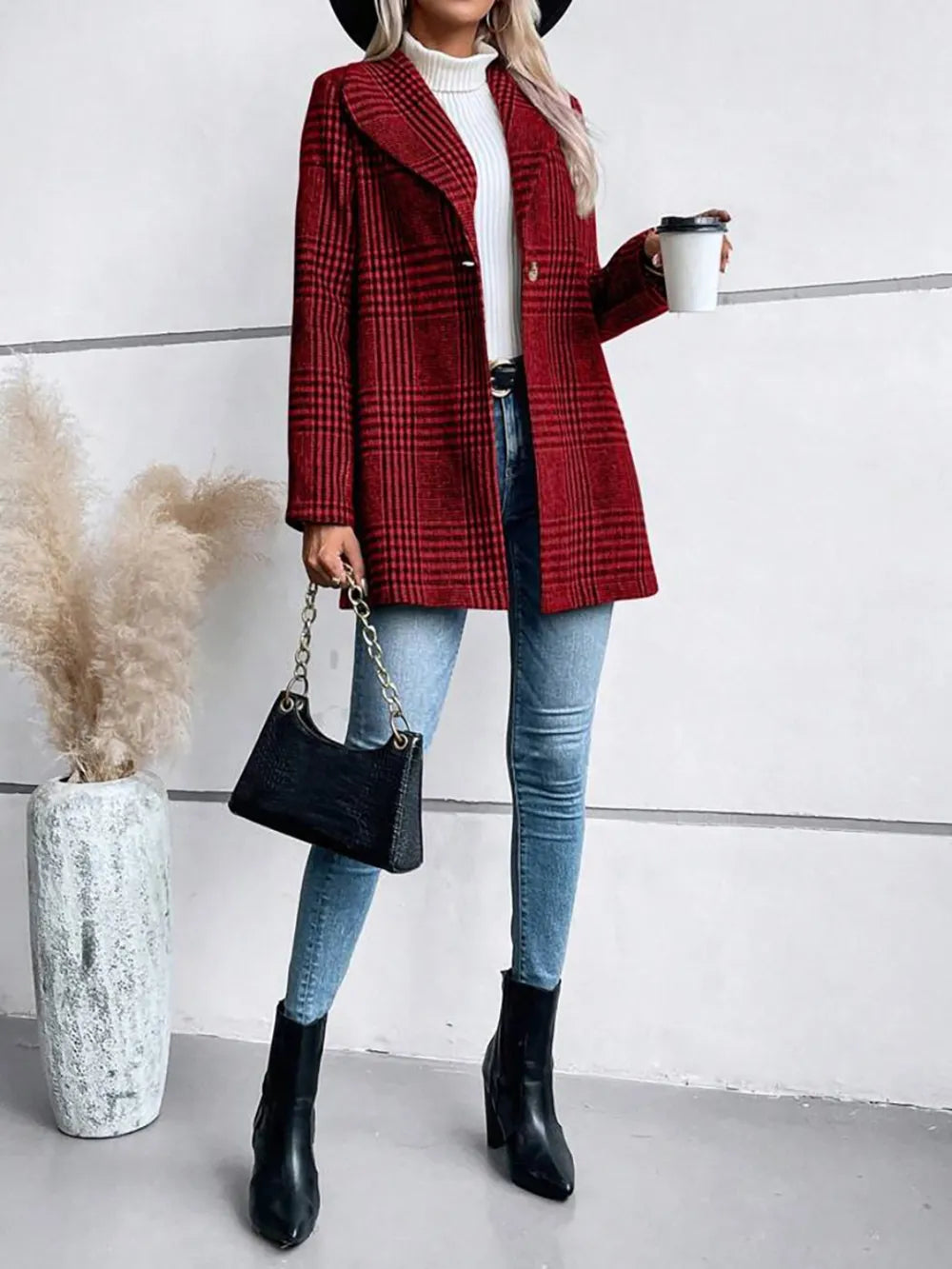 Plaid Collared Neck Long Sleeve Jacket nicholesgifts