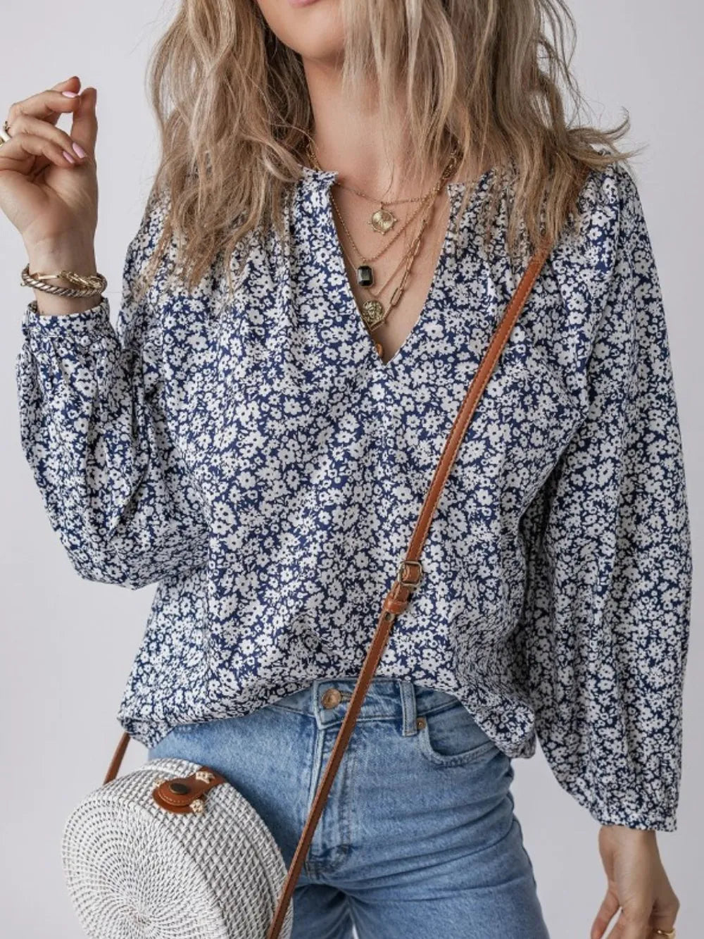 Floral Print Notched Long Sleeve Blouse NicholesGifts