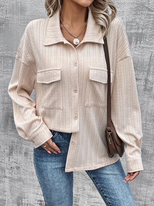 Pocketed Button Up Dropped Shoulder Jacket NicholesGifts