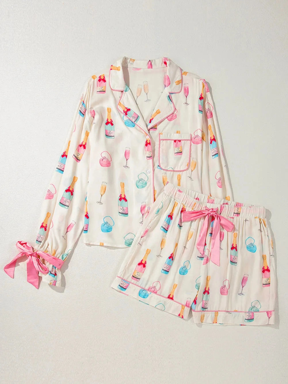 Bow Printed Collared Neck Top and Drawstring Shorts Lounge Set nicholesgifts