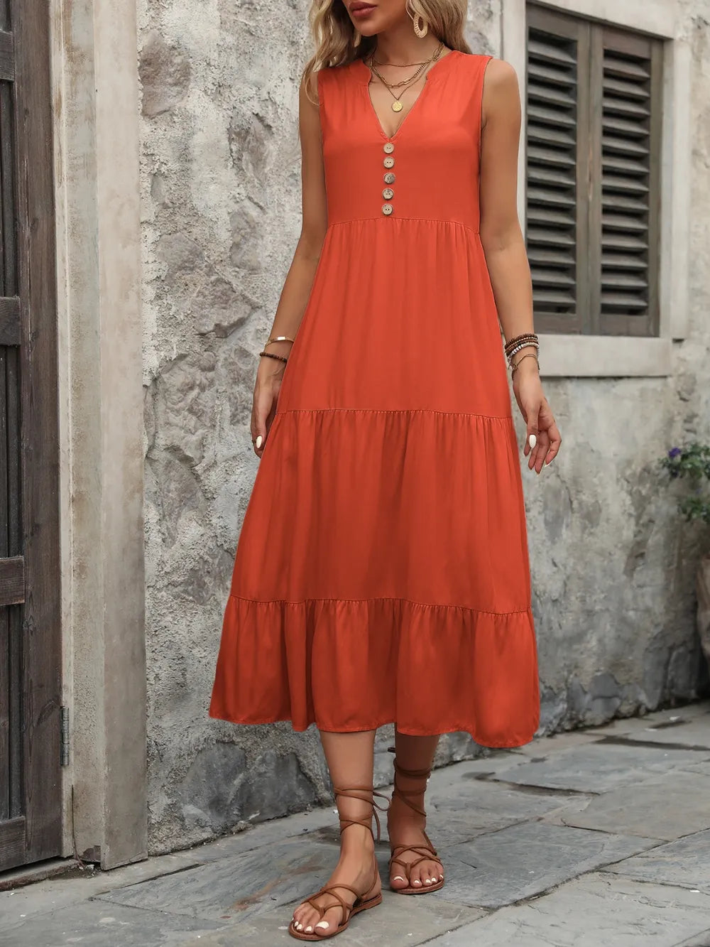 Ivy Lane Decorative Button Notched Sleeveless Dress Trendsi