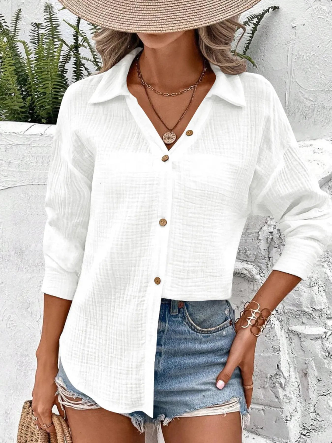 Texture Button Down Side Slit Long Sleeve Shirt NicholesGifts