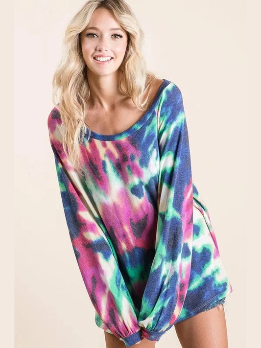 BiBi Tie Dye Print Terry Top with Puff Sleeves nicholesgifts