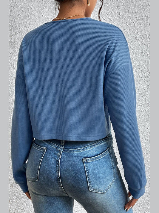 Ivy Lane Cropped V-Neck Raglan Sleeve Buttoned Blouse nicholesgifts