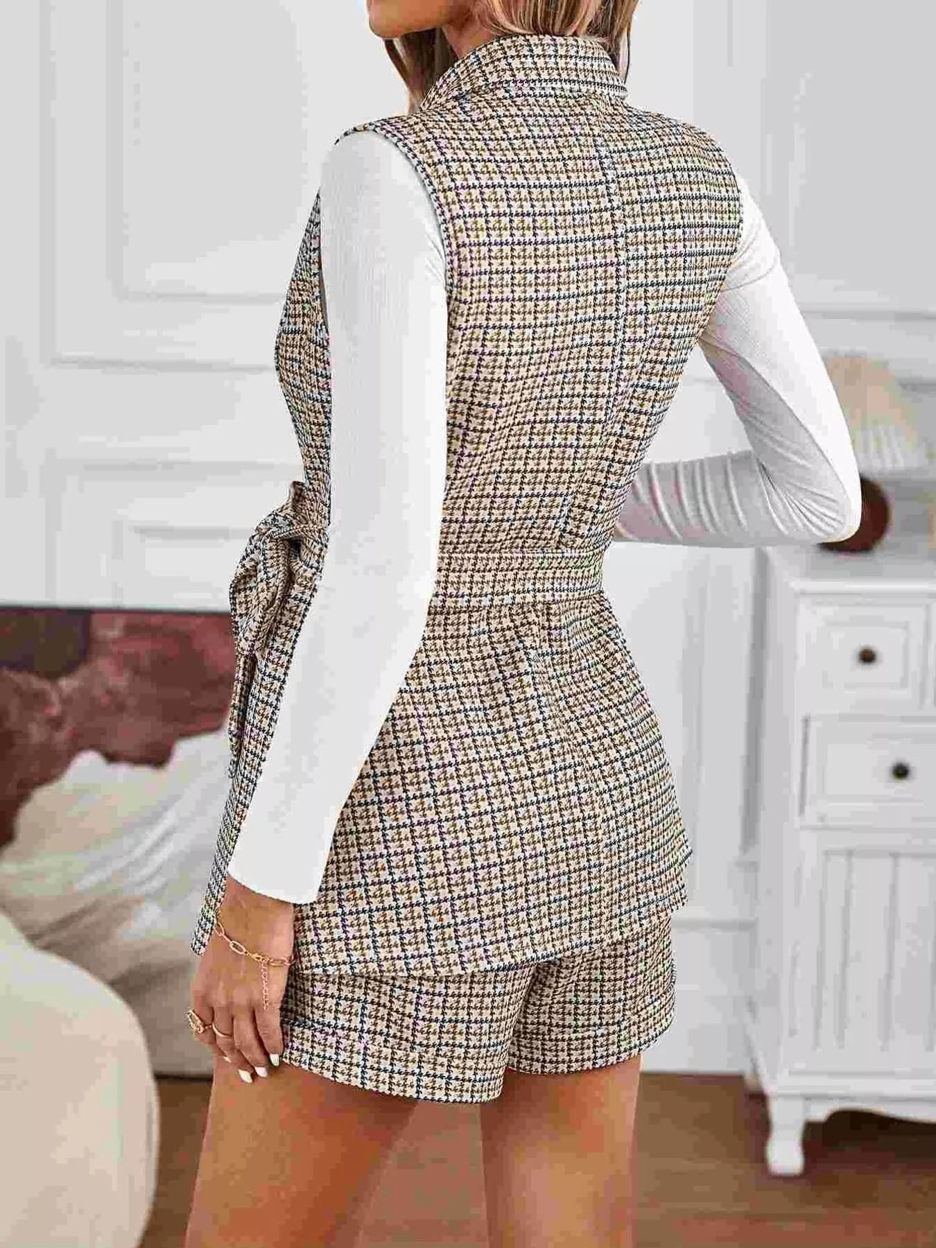 Houndstooth Lapel Collar Vest Coat and Shorts Set Trendsi