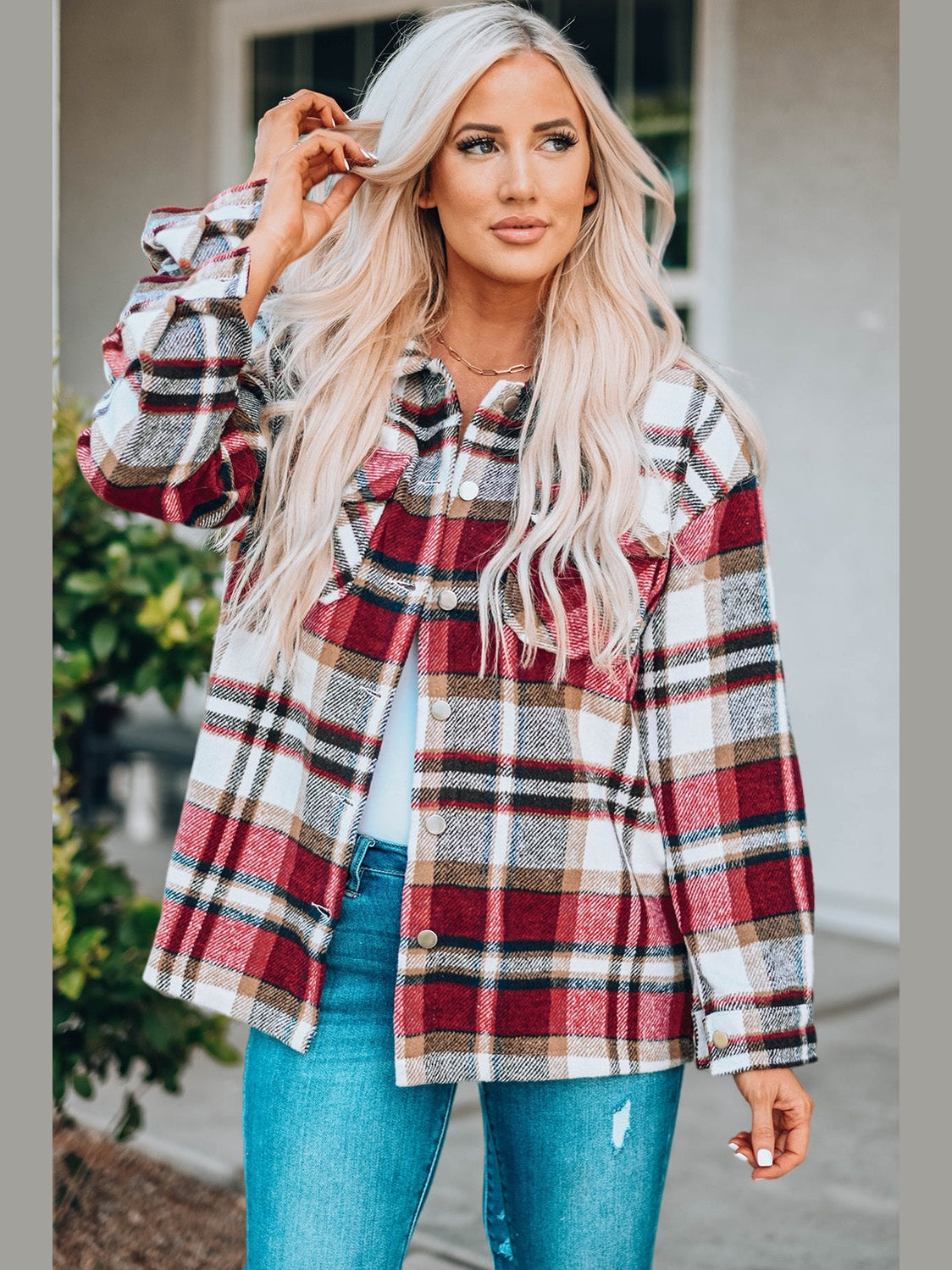 Plaid Button Front Shirt Jacket with Breast Pockets nicholesgifts