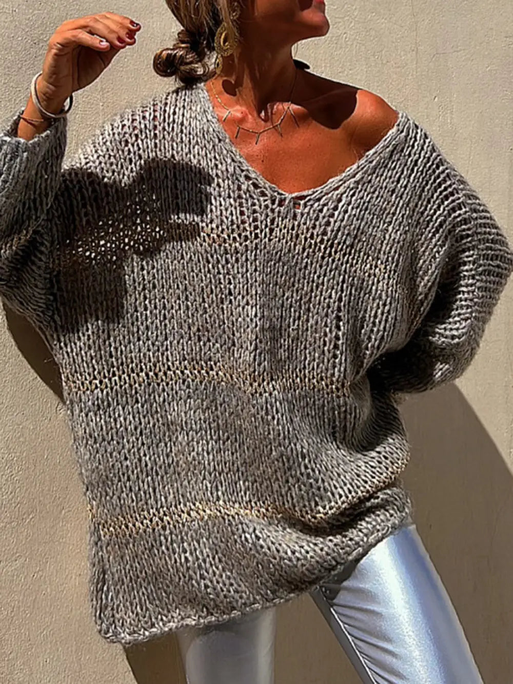 Openwork V-Neck Long Sleeve Sweater nicholesgifts
