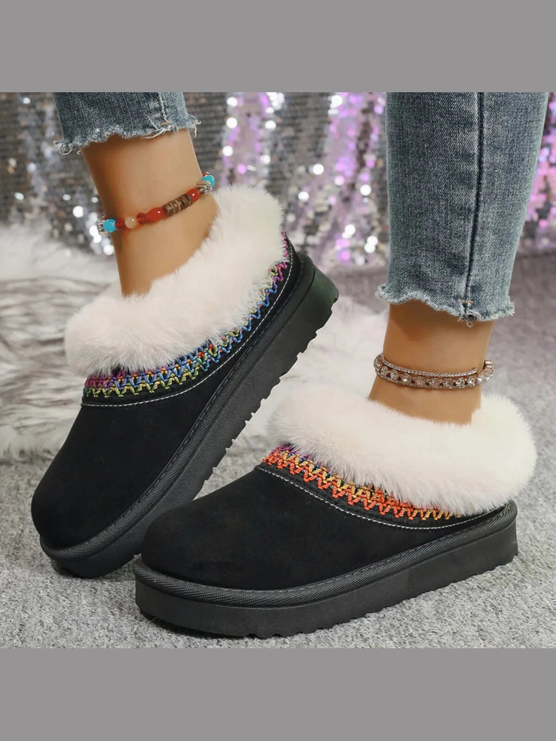 Fur-Lined Platform Boots with Decorative Woven Strap Trendsi
